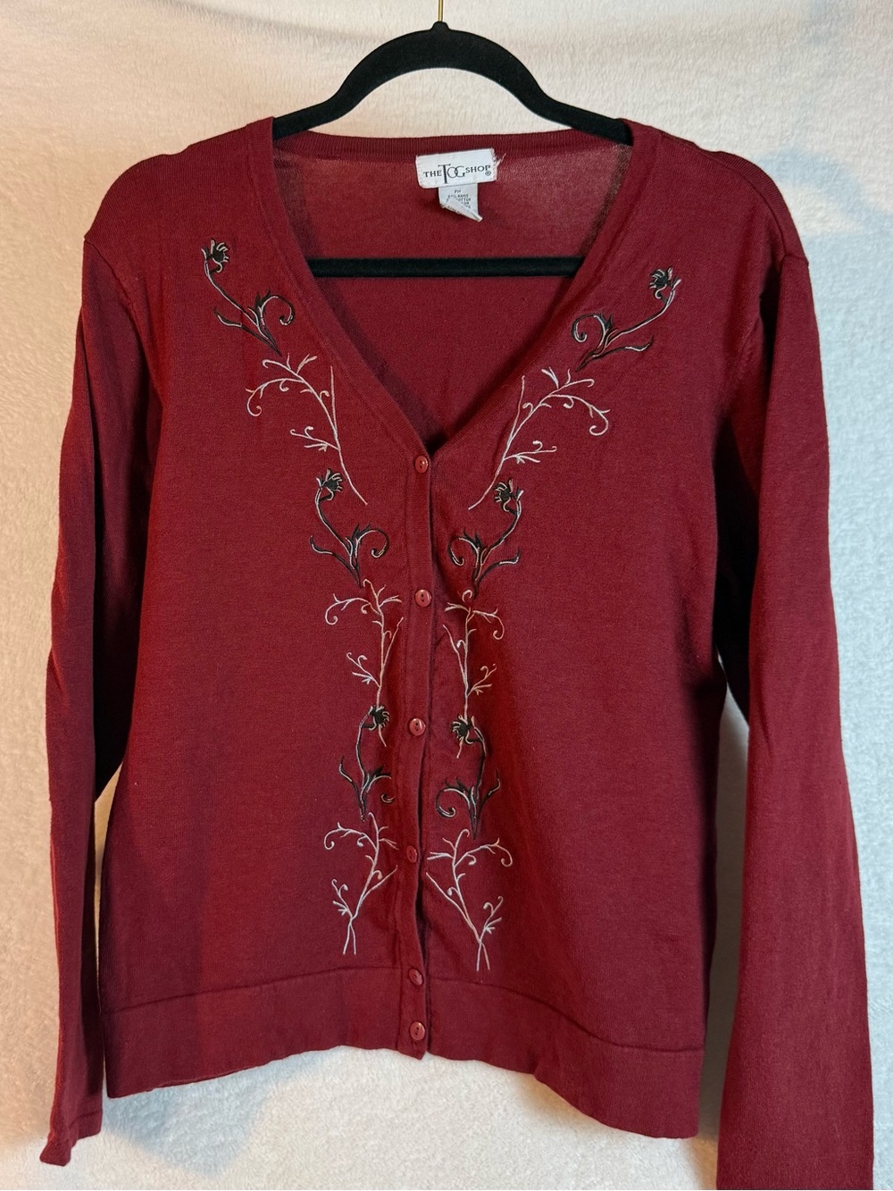 TOG Women's Embroidered V-Neck Cardigan Sweater - Burgundy- Size Med (P)
